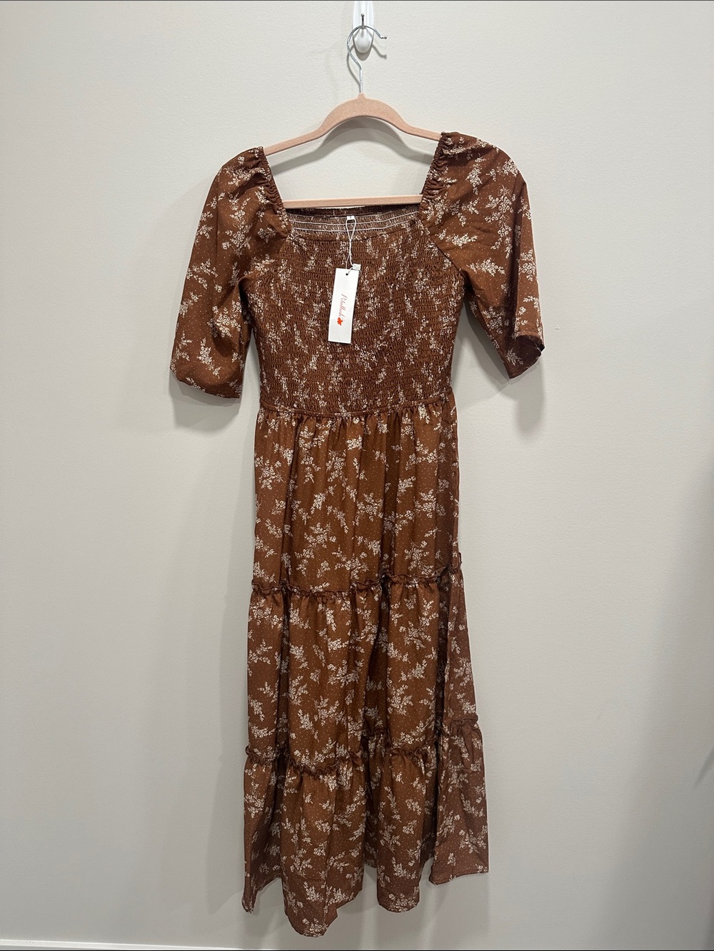 Petallush Brown Floral Square-Neck Tiered Midi Dress